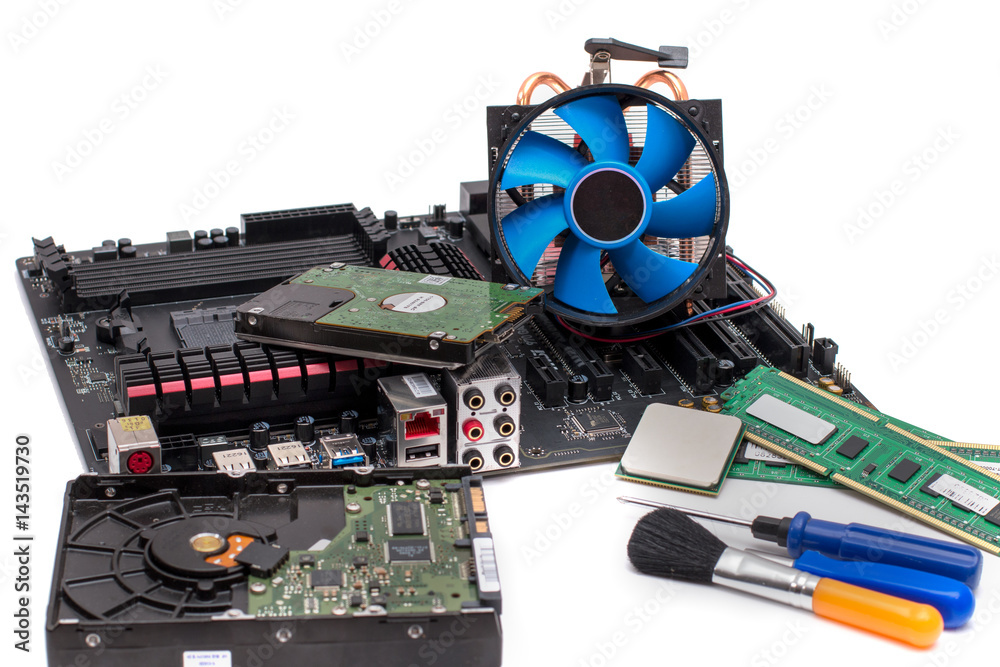 Computer motherboard with a view of parts and components Computer motherboard with a view of parts and components