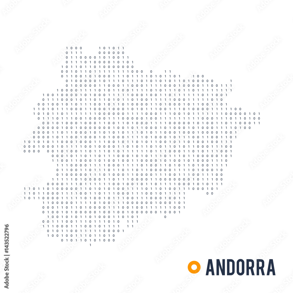 Binary code vector stylized map of Andorra isolated on white background