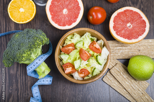 Food for diet  on a wooden table.