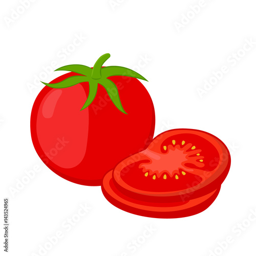 Red tomatoes and slices. Cartoon flat tomato. Vegetarian fresh food.