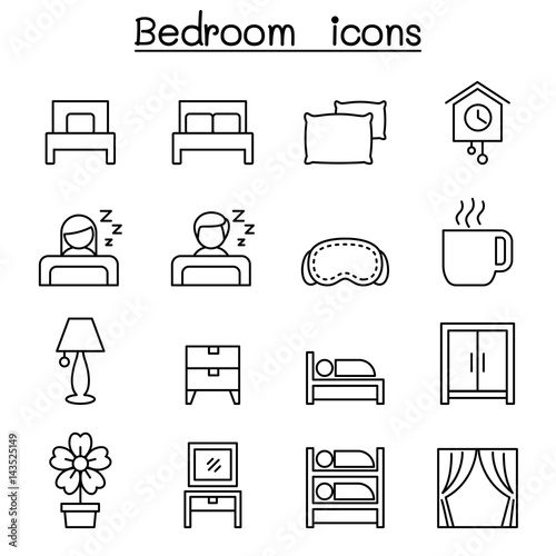 Bedroom icon set in thin line style