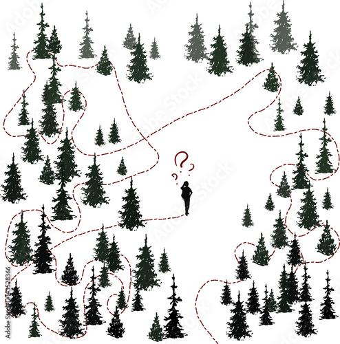 hand drawn template or card illustration with silhouettes of spruces and pines.forest and camping theme. symbol of lost men and his trace