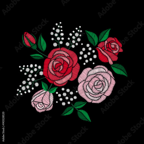 Red rose and white flowers embroidery on black background. Satin stitch imitation, vector. photo