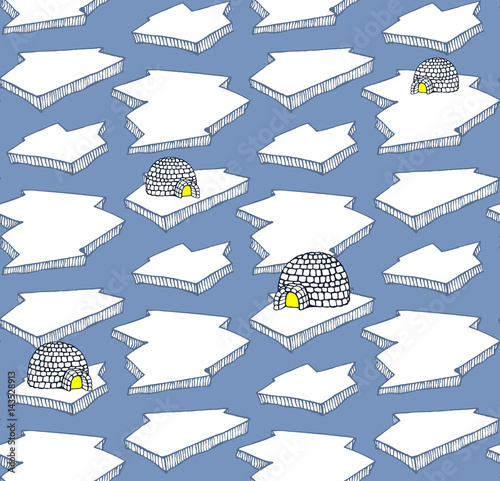 seamless pattern with hand drawn ice floe and icehouse with light. arctic and polar background