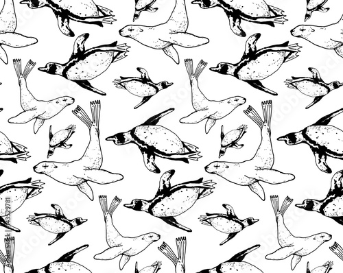 seamless pattern with hand drawn arctic animals. nord theme. sea calf and pinguins