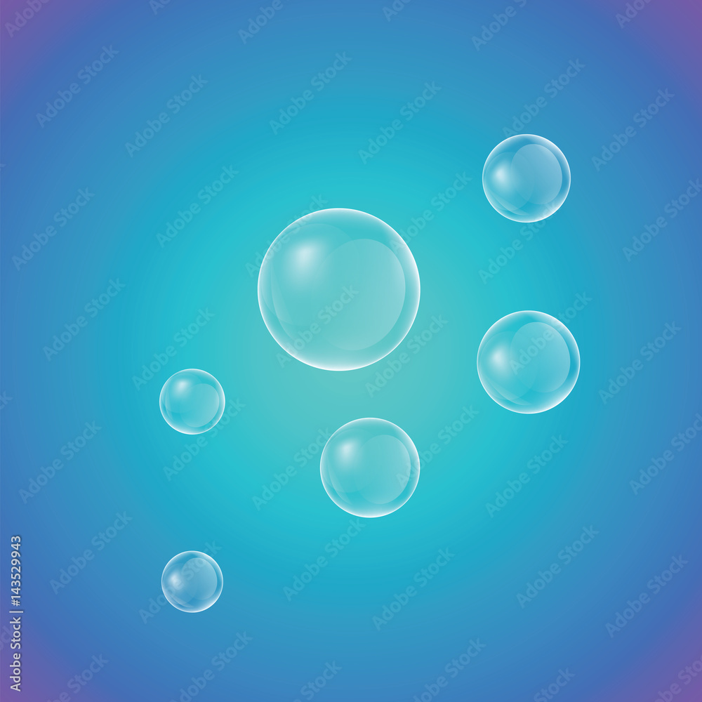 Realistic soap bubbles on a blue gradient background. Vector illustration.