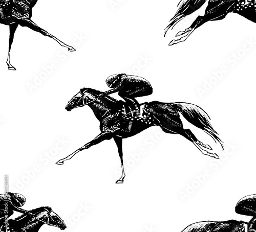 seamless pattern with hand drawn sketch of horsemen in horseraces on white background. equestrian theme