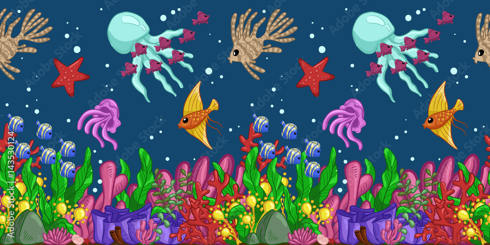 Horizontal seamless pattern with marine life: fish, starfish, jellyfish, seaweed, shells, bubbles and corals. Hand draw art