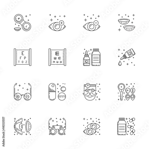 Vector icons in linear style on the subject of ophthalmology relating to diseases and eye health treatment and testing. The selection of glasses and contact lenses for patients
