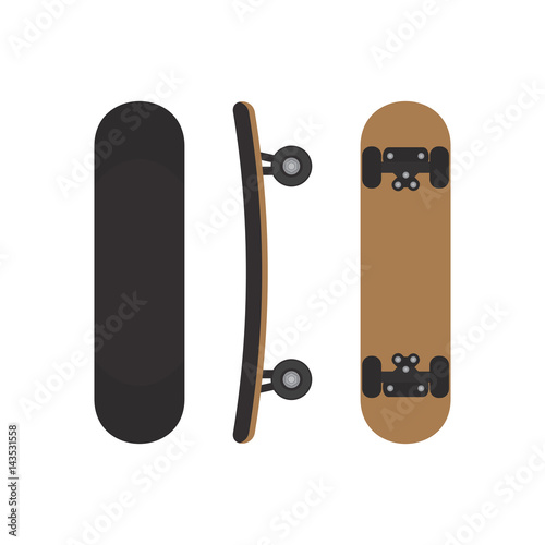 Skateboard image on three sides. Top view from the bottom and side of the skateboard. Vector illustration.