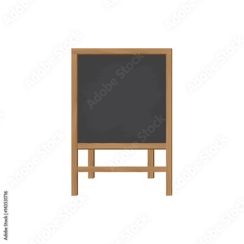 Square wooden board for writing chalk on the legs. A stylish board for menus or for children's creativity. The front view. Vector illustration.