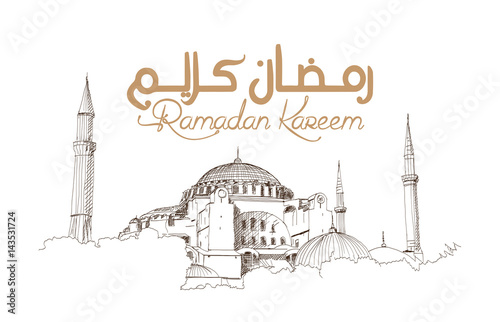 Obraz na płótnie Hand drawn sketch of the world famous Blue mosque in Istanbul with Ramadan Kareem text in vector illustration. w salonie