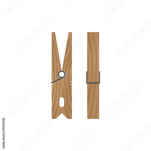 Wooden clothespin isolated on white background. Front and side view. Vector illustration.