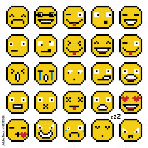SET OF EMOTIONS SET OF EMOJI SMILE ICONS SMILE PIXEL SMILE RETRO SECOND SET YELLOW