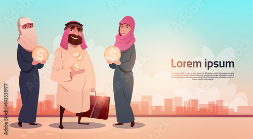 Rich Arab Businessman With Wife Oil Extraction Business Success Flat Vector Illustration
