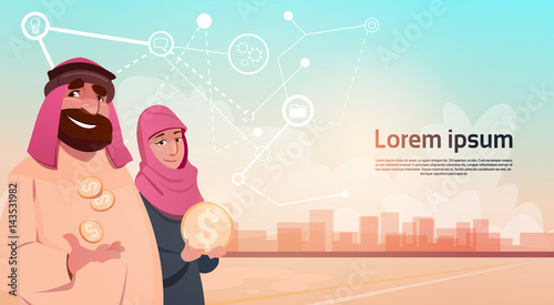 Rich Arab Businessman With Wife Oil Extraction Business Success Flat Vector Illustration
