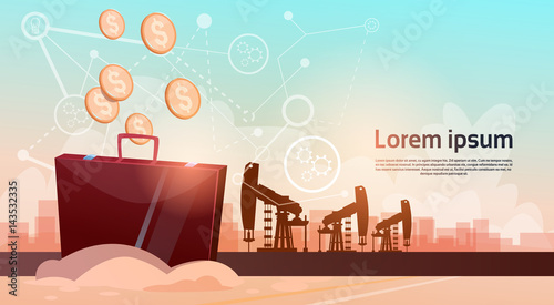 Pumpjack Oil Rig Crane Platform Black Wealth Concept Flat Vector Illustration