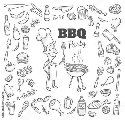 Collection of hand drawn BBQ party elements and a cartoony chef cooking in a barbecue. Vector illustration.