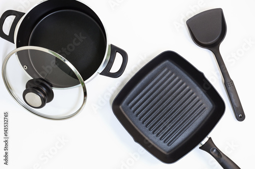 Empty pan and pot,spatula Top View isolated on white background.