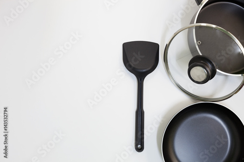 Empty pan and pot,spatula Top View isolated on white background.