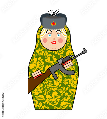 Military Matrioshka with gun. New Russian folk Nested doll. National toy. Traditional toy in Russia
