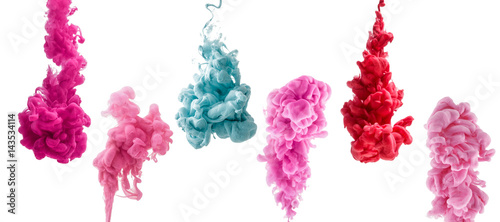 set of colorful ink isolated on white background. red, pink, blue drop swirling under water. Cloud of ink in water. 