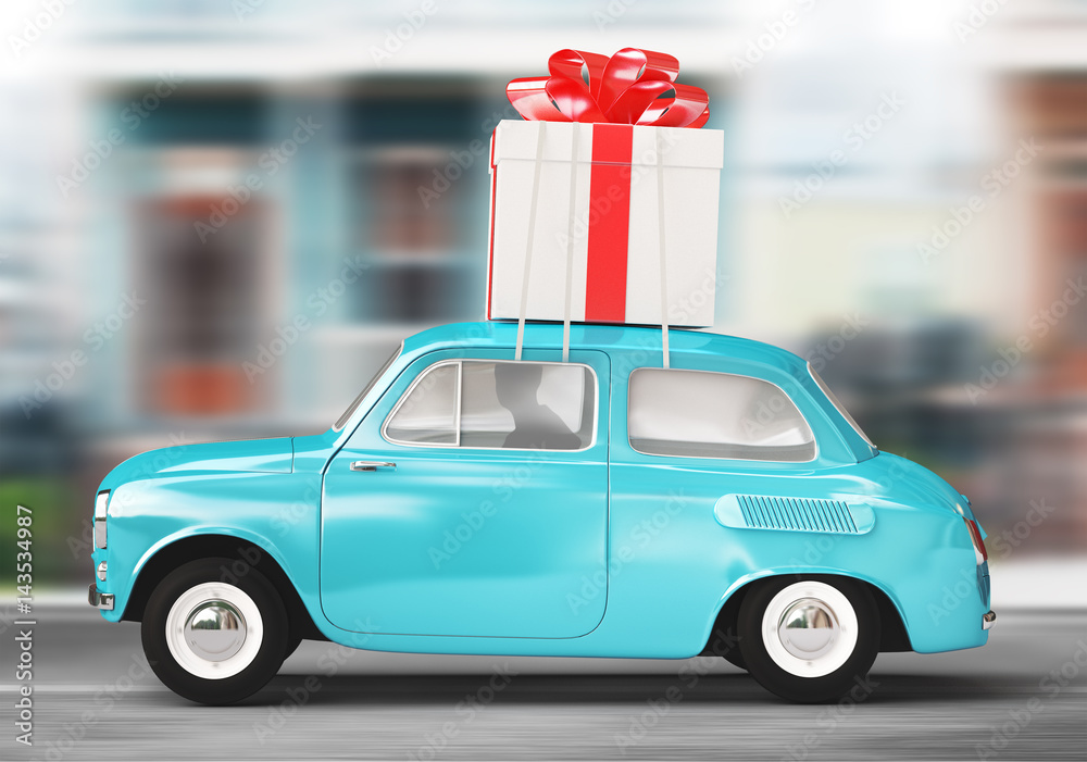 Illustrazione Stock Auto con pacco regalo gigante | Adobe Stock