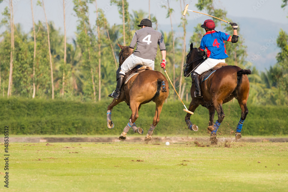 The polo players stopped their two belly horses while competing. The polo players stopped their two belly horses while competing.