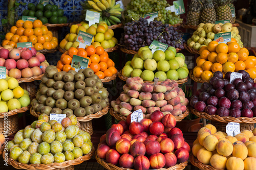 Fresh exotic fruits in Mercado Dos Lavradores. Funchal, Madeira, Portugal