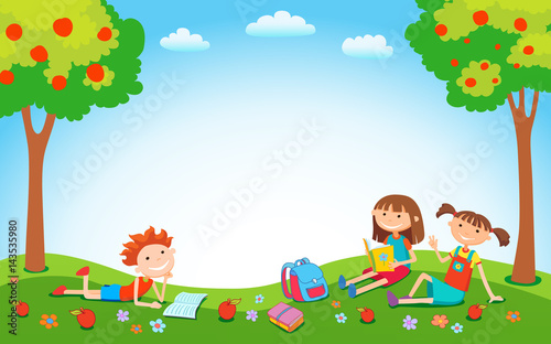 Children playing on the grass in the park before school