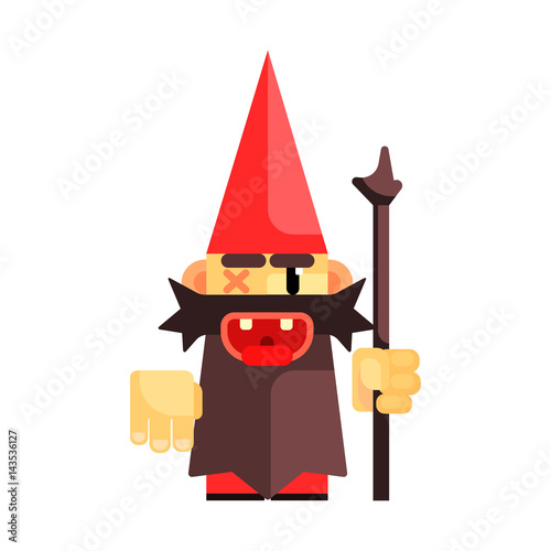 Dwarf in a red hat grimly grins. Fairy tale, fantastic, magical colorful character