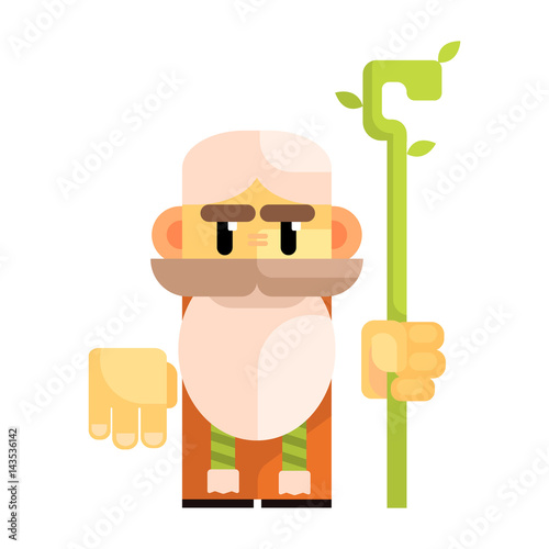 Cartoon bearded gnome with a staff in his hands. Fairy tale, fantastic, magical colorful character