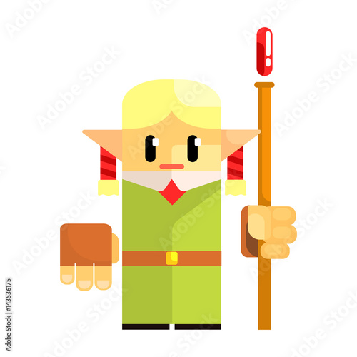 Cartoon dwarf gnome wearind hat with a staff in his hands. Fairy tale, fantastic, magical colorful character