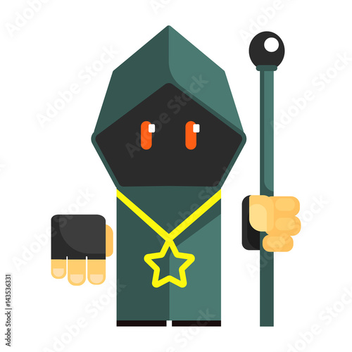 Cartoon mysterious gnome in a gray cape with glowing eyes. Fairy tale, fantastic, magical colorful character