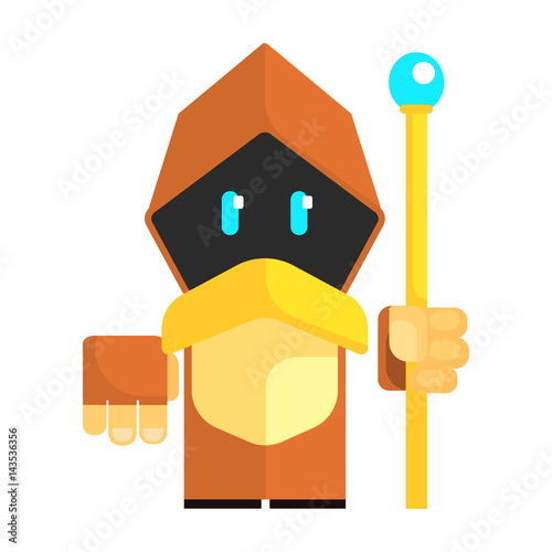 Cartoon gnome in a cape with glowing eyes holding staff in his hands. Fairy tale, fantastic, magical colorful character