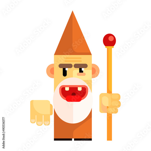 Cartoon angry dwarf holding staff in his hands. Fairy tale, fantastic, magical colorful character