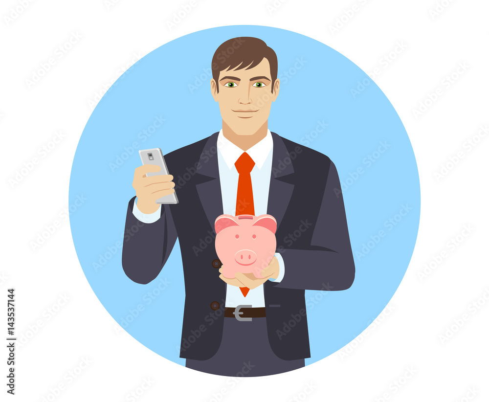 Businessman with mobile phone and piggy bank Businessman with mobile phone and piggy bank