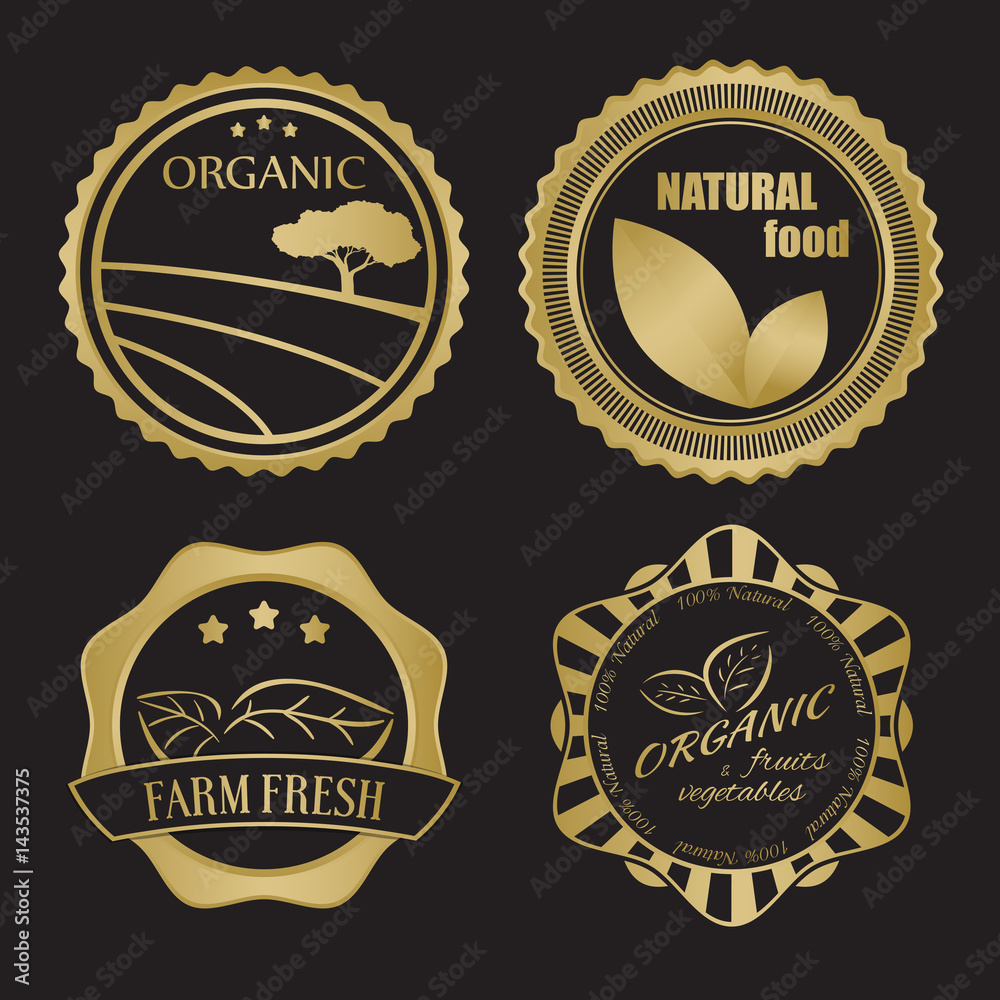 Different organic food labels with text