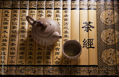Traditional tea ceremony accessories, teapot and teacup with chinese poetry background