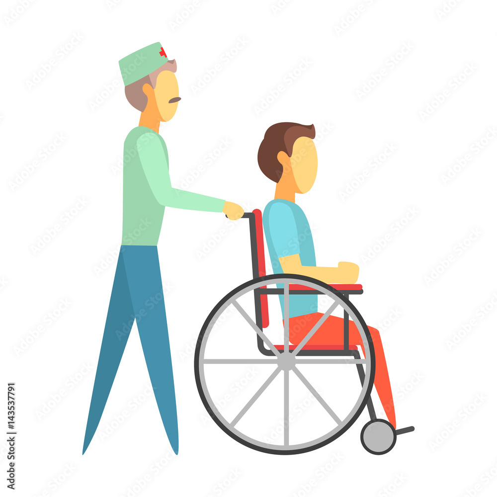 Male doctor pushing disabled man sitting on wheelchair. Colorful cartoon characters Male doctor pushing disabled man sitting on wheelchair. Colorful cartoon characters