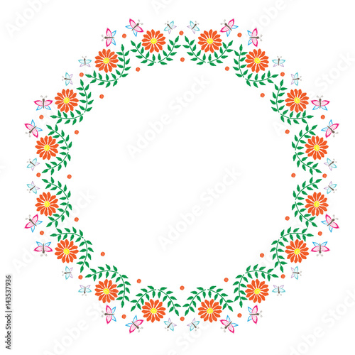 Embroidery stitches imitation round frame with orange flower and butterfly