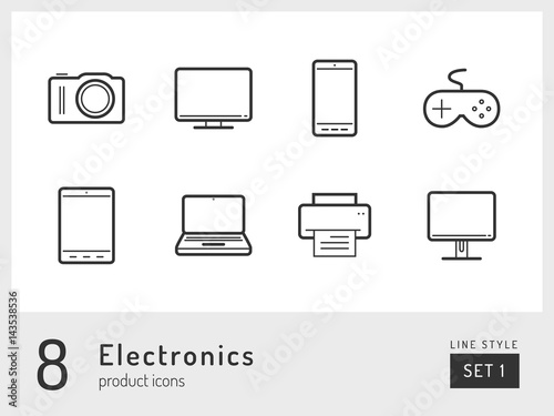 Set 1 of electronics, product icons on the white background. Universal linear icons to use in web and mobile app.
