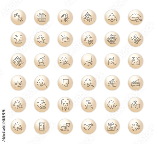 Vector graphic set. Icons in flat, contour, thin, minimal and linear design.Dermatologist.Problem, analysis, treatment.Skin of face, head, hand and body.Concept illustration for Web site.Sign, symbol.
