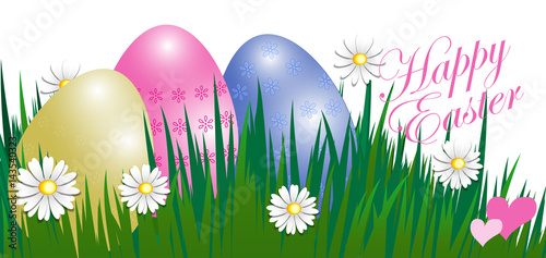 Illustration Easter with eggs, grass and chamomile. Vector
