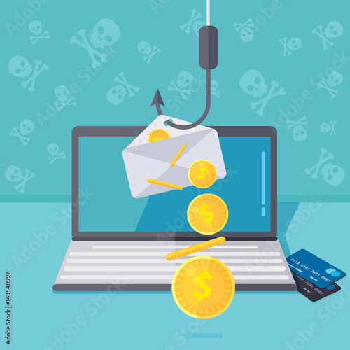 Phishing via internet vector concept illustration. Fishing by email spoofing or instant messaging. Hacking credit card or personal information website. Cyber banking account attack. Online sucurity.