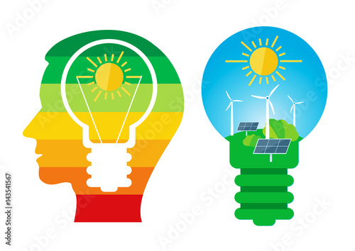 Renewable energies sources.
Male head with bulb and bulb with solar panels and wind turbine.Vector available.