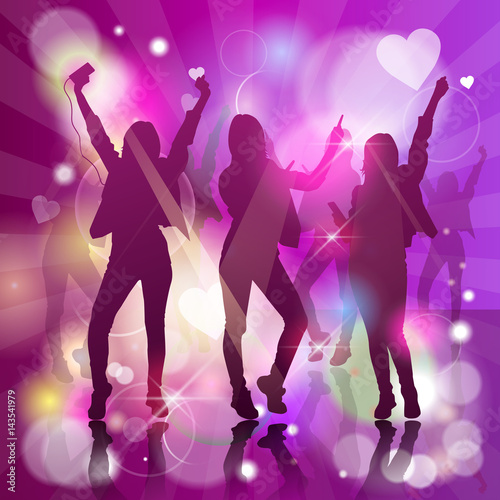 Fototapeta Naklejka Na Ścianę i Meble -  Silhouette Woman Group Dancing Night Club Light Flat Vector Illustration