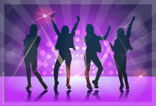 Fototapeta Naklejka Na Ścianę i Meble -  Silhouette Woman Group Dancing Night Club Light Flat Vector Illustration