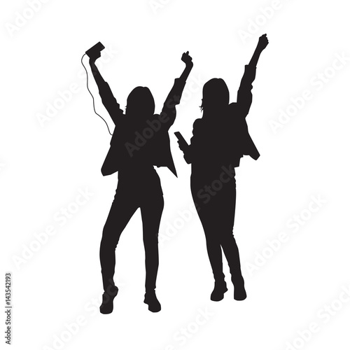 Two Dancing Girl Black Silhouette Female Figure Isolated Over White Background Vector Illustration
