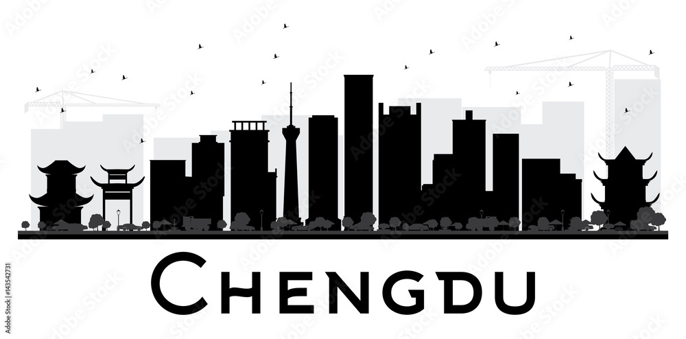 Chengdu City skyline black and white silhouette.